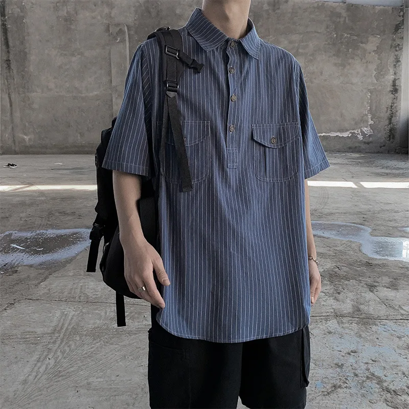 

Men's Short Sleeve Shirt 2022 Summer Striped Workwear Short Sleeve Shirt Men's Loose Trend Five-point Sleeve Shirt
