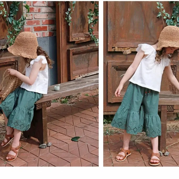 Стильные открытые женские детские брюки-клеш летние прямые брюки в корейском