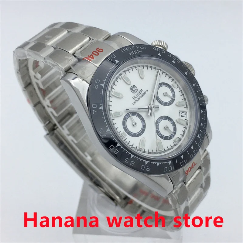 BLIGER Sport 39mm timing multi-functional quartz watch VK63 Movement white dial Date Sapphire Crystal Oyster Bracelet men watch enlarge