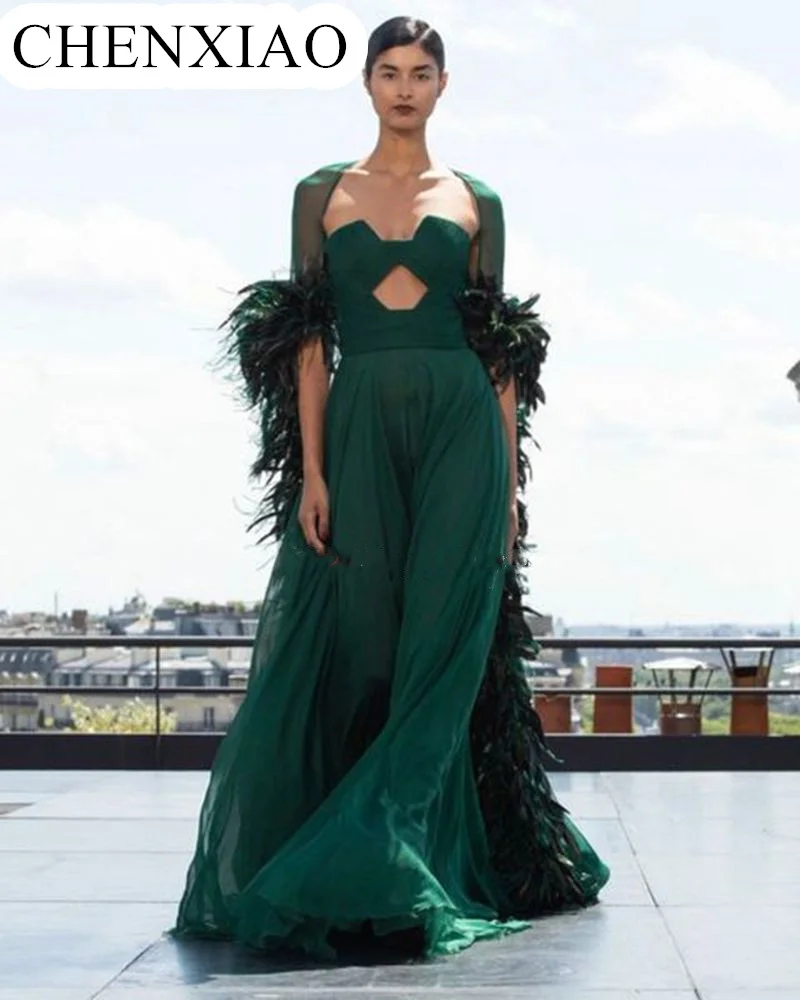 

CHENXIAO Arabic Women Green Chiffon Evening Dresses With Feathers Strapless Floor Length Prom Gowns Party Dresses Vestidos De No