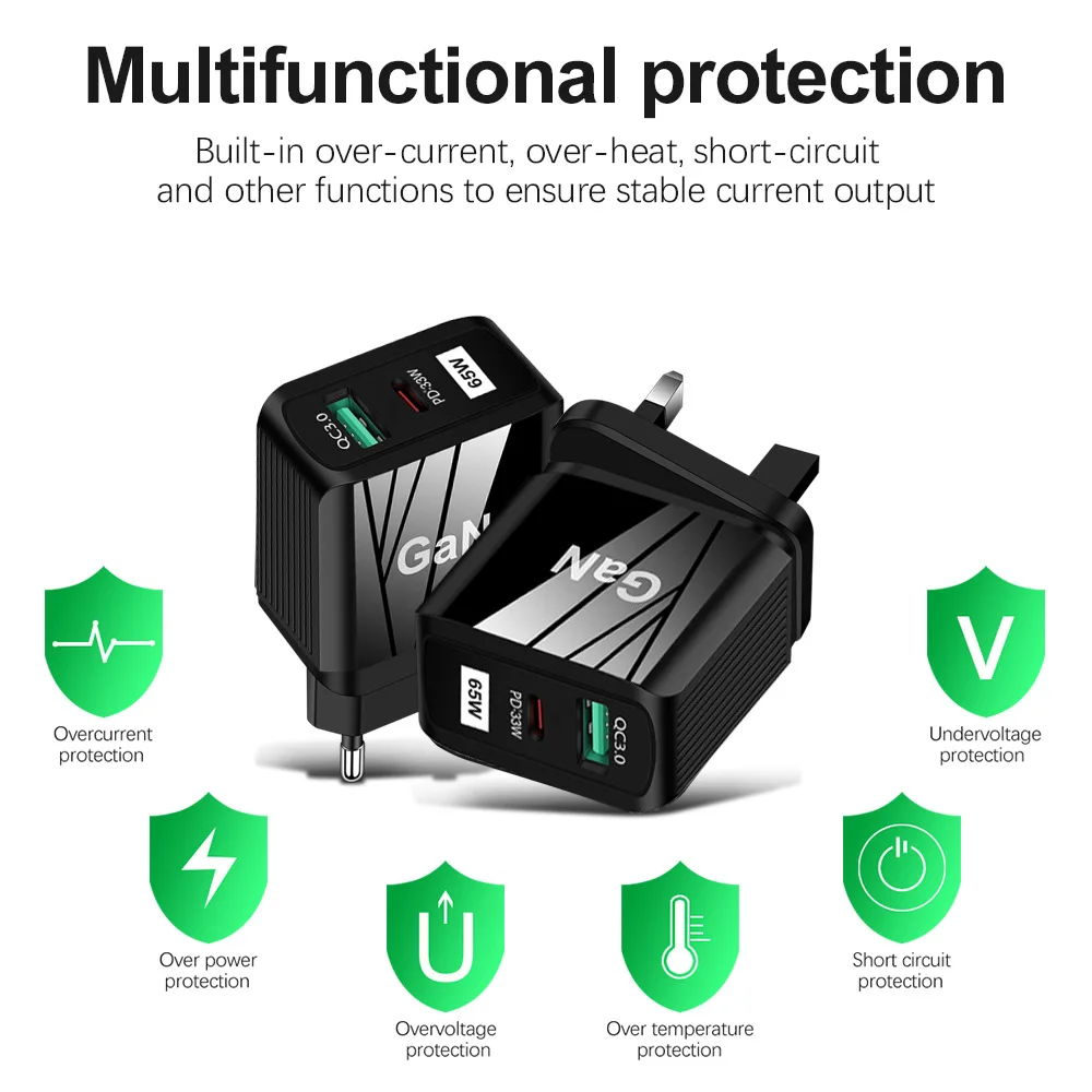 Зарядное устройство PD 65 Вт GaN супербыстрая зарядка QC3.0 USB C стандартный настенный