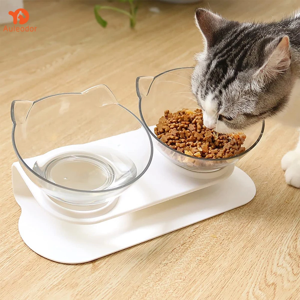 

Auleodor Non slip Double Bowl with Raised Stand Pet Food Cat feeder Protect Cervical Vertebra Dog bowl Transparent Pet Products