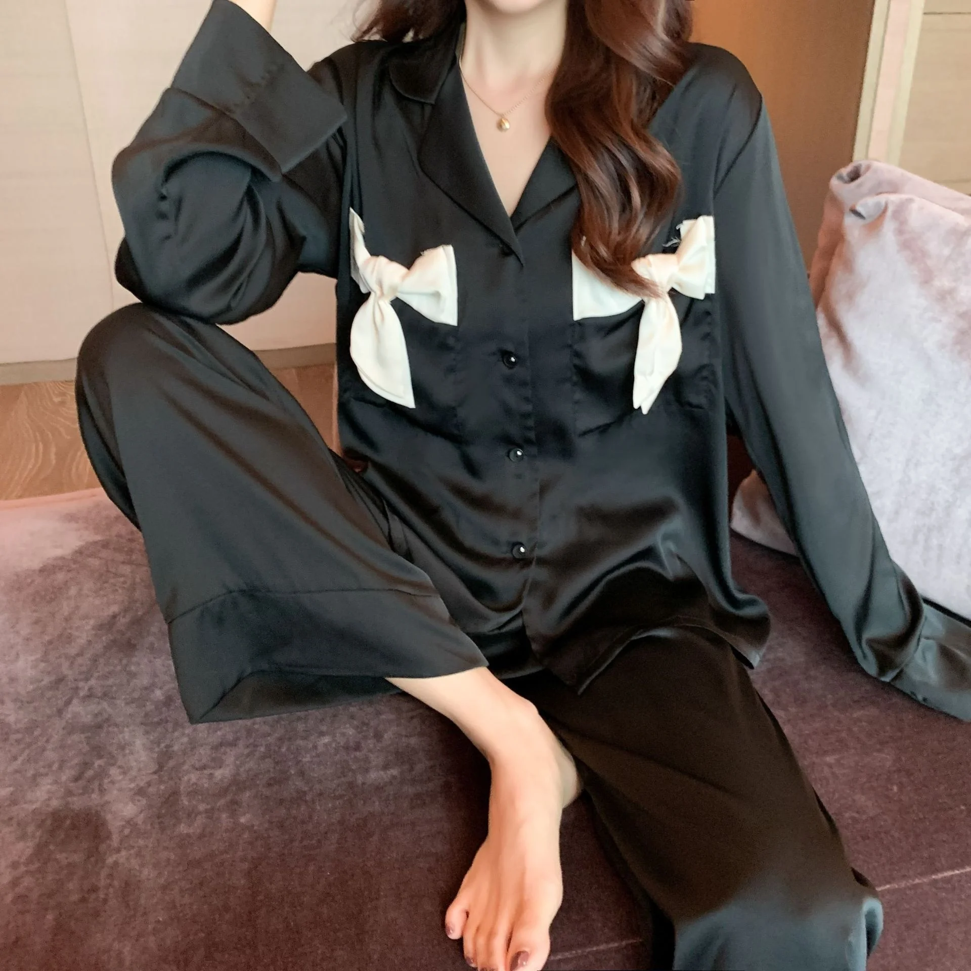 

Lisacmvpnel Bow Tie Ice Silk Pajamas Women's Autumn Long Sleeved Suit Pyjamas