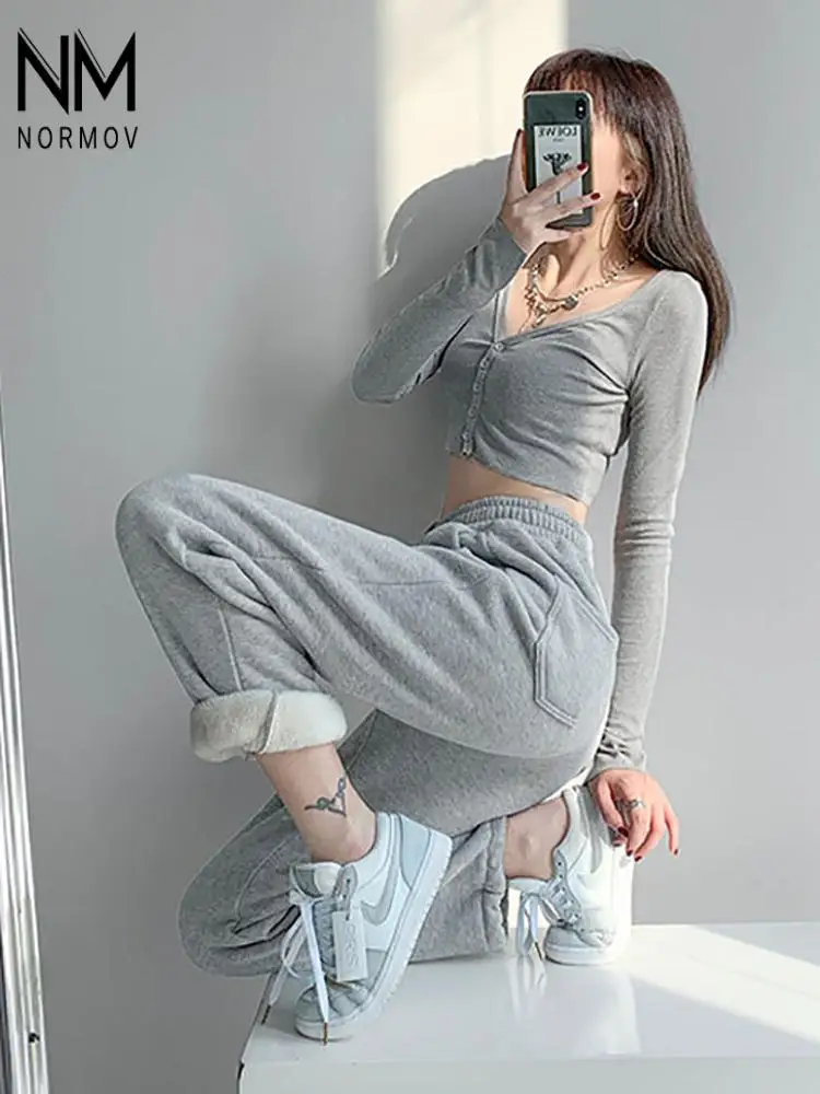 

NORMOV Winter Casual Pants Women Drawstring Fleece Warm Loose Sweatpants Solid Color High Waist Cotton Pant Lamb Wool