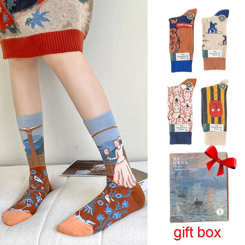4pairs Women Socks Autumn Winter Monet Series Retro Women Personality Art Famous Painting Oil Funny Happy Sock Gift Set Dropship