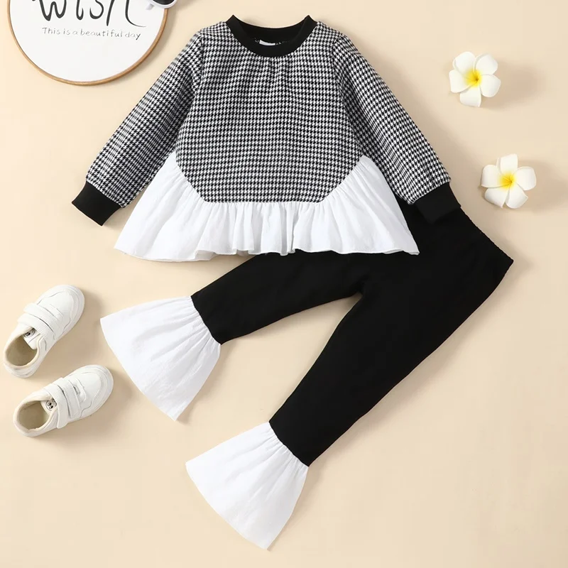 

Spring Autumn Girls Outfits Fashion Kids Clothes Houndstooth Patchwork Long Sleeve Tops+boot Cut Pant Girls Clothing Sets 1-6Y