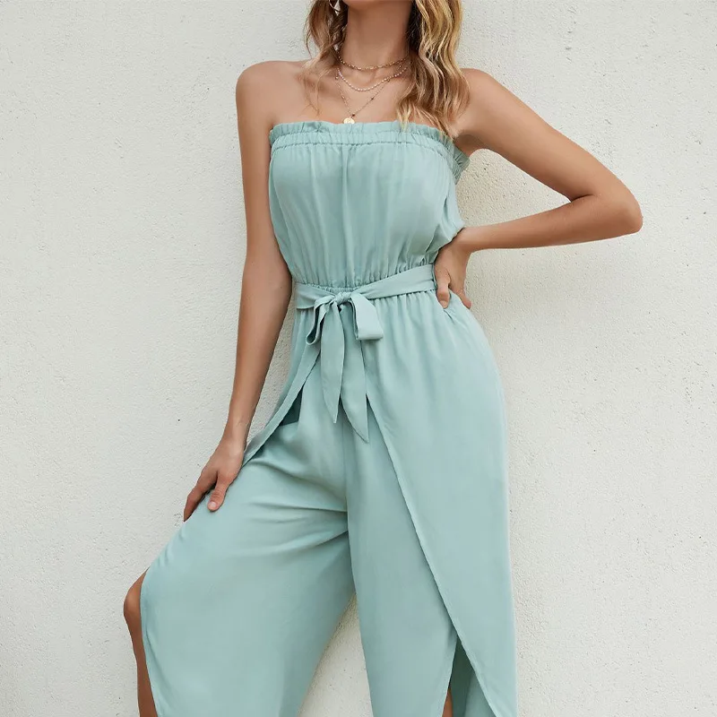 

Women Summer Sexy Loose Jumpsuit Overalls Casual Off Shoulder High Waist Lace Up Slit Wide Leg Pants Romper Onepieces