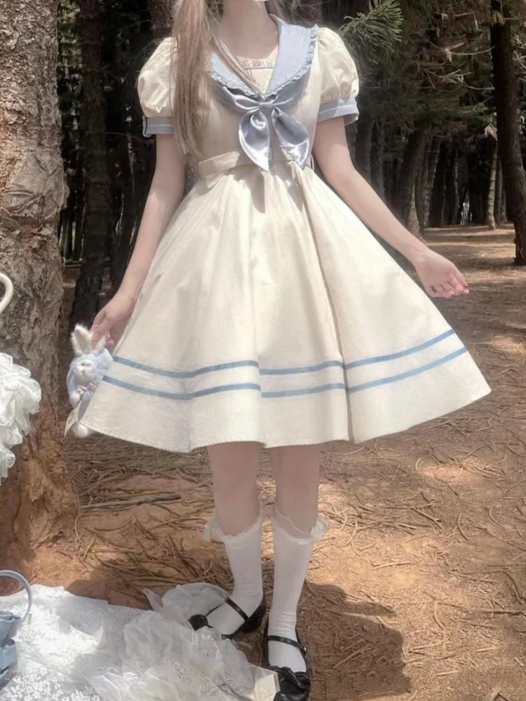 

Japanese Lolita Style Sweet Girly Dress Navy Collar Puff Sleeves Bow Tie Splicing Lace Dress Cute Maid Gentle Fairy A-line Dress