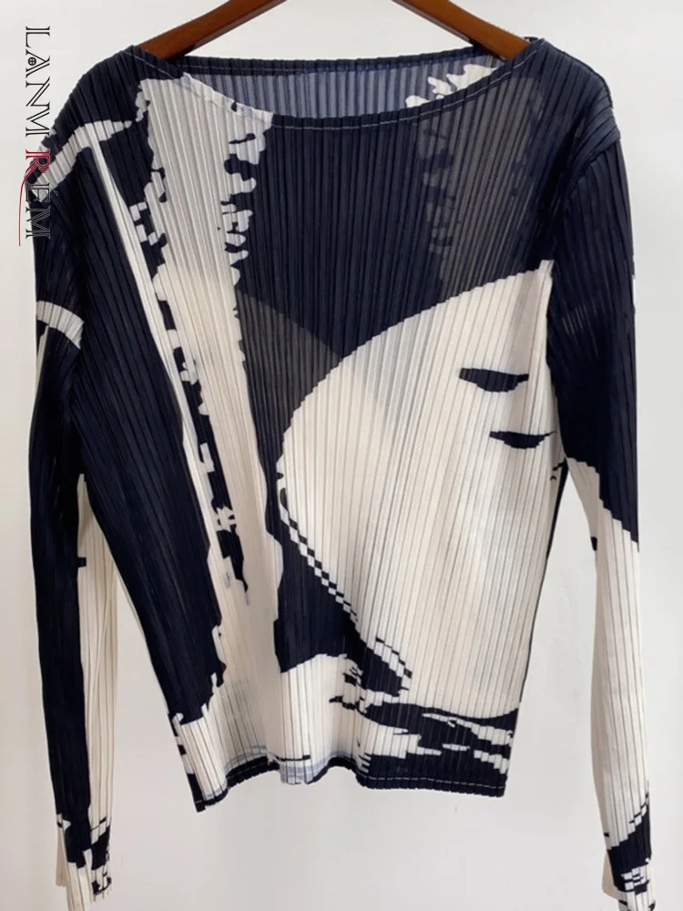 

LANMREM Pleated Contrasting Colors Skinny T-shirt For Women Pullover Long Sleeve Round Collar 2022 Summer Female Top 2H173