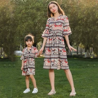 half sleeve mother daughter matching dresses family set bohemia mommy and me clothes fashion woman girls knee length dress 2022