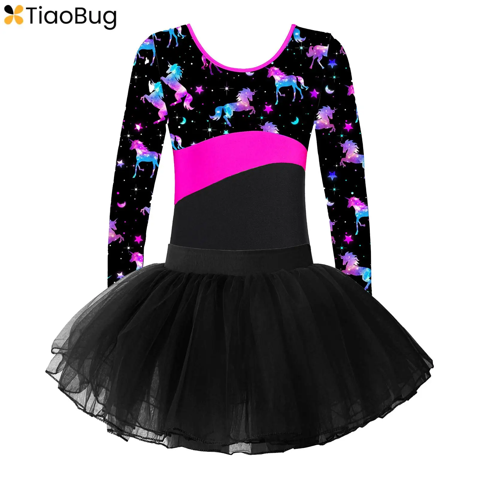 

Kids Girls Long Sleeve Printed Ballet Dance Gymnastic Leotard Bodysuit with Tulle Tutu Skirt Stage Performance Costume Dancewear