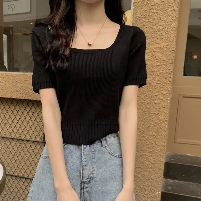 

All Season Summer Fashion Woman Solid Casual Sqare Collar Pullover Women's Slim Tees Bottom Knitted Top Soft Short Sleeve Stripe