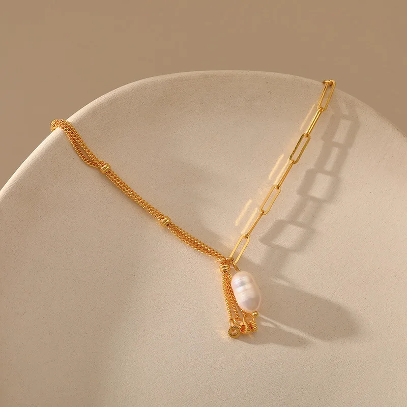 

White Oval Baroque Freshwater Pearl Pendant Splice Chain Women Necklace 18k Gold Plated Adjustable Length Sweater Chain