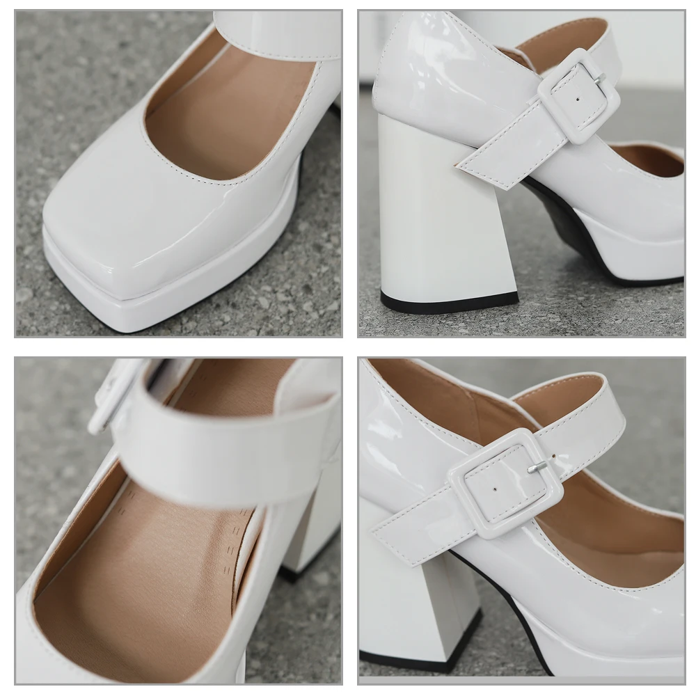 Eokkar Patent Leather Square Toe Mary Janes 2023 Platform Chunky High Heel Pumps Buckle Retro Shoes Women Plus Size 44 45 46