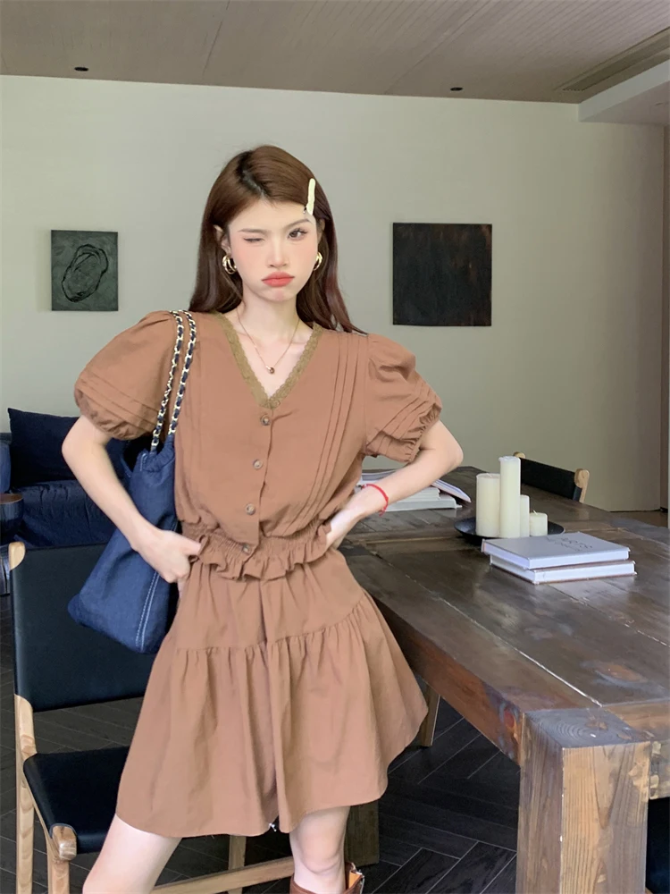 

GYY3961, Новинка лета 2023, Женская винтажная кружевная Облегающая рубашка с V-образным вырезом и талией, полуюбка