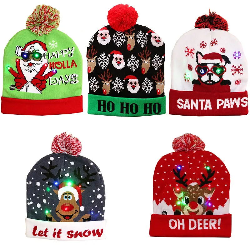 

2022New LED Christmas Hat Sweater Knitted Beanie Christmas Light Up Knitted Hat Christmas Gift for Kids Xmas Year Decorations