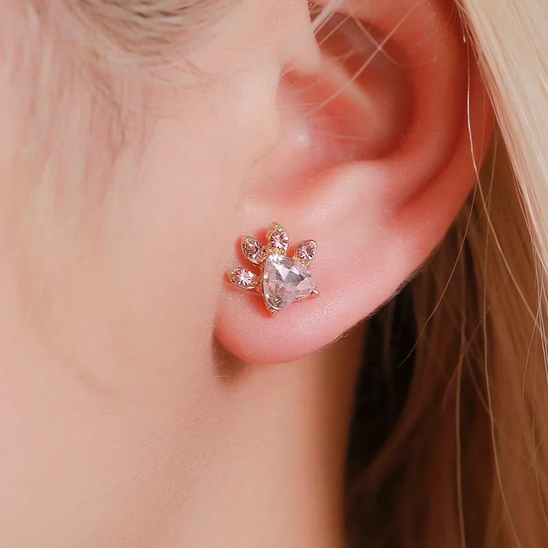 

Pink Diamond Cat's paw Set Stainless Steel Pendants Necklace Earrings For Women Cute Statement Rings Wedding Fashion Jewelry