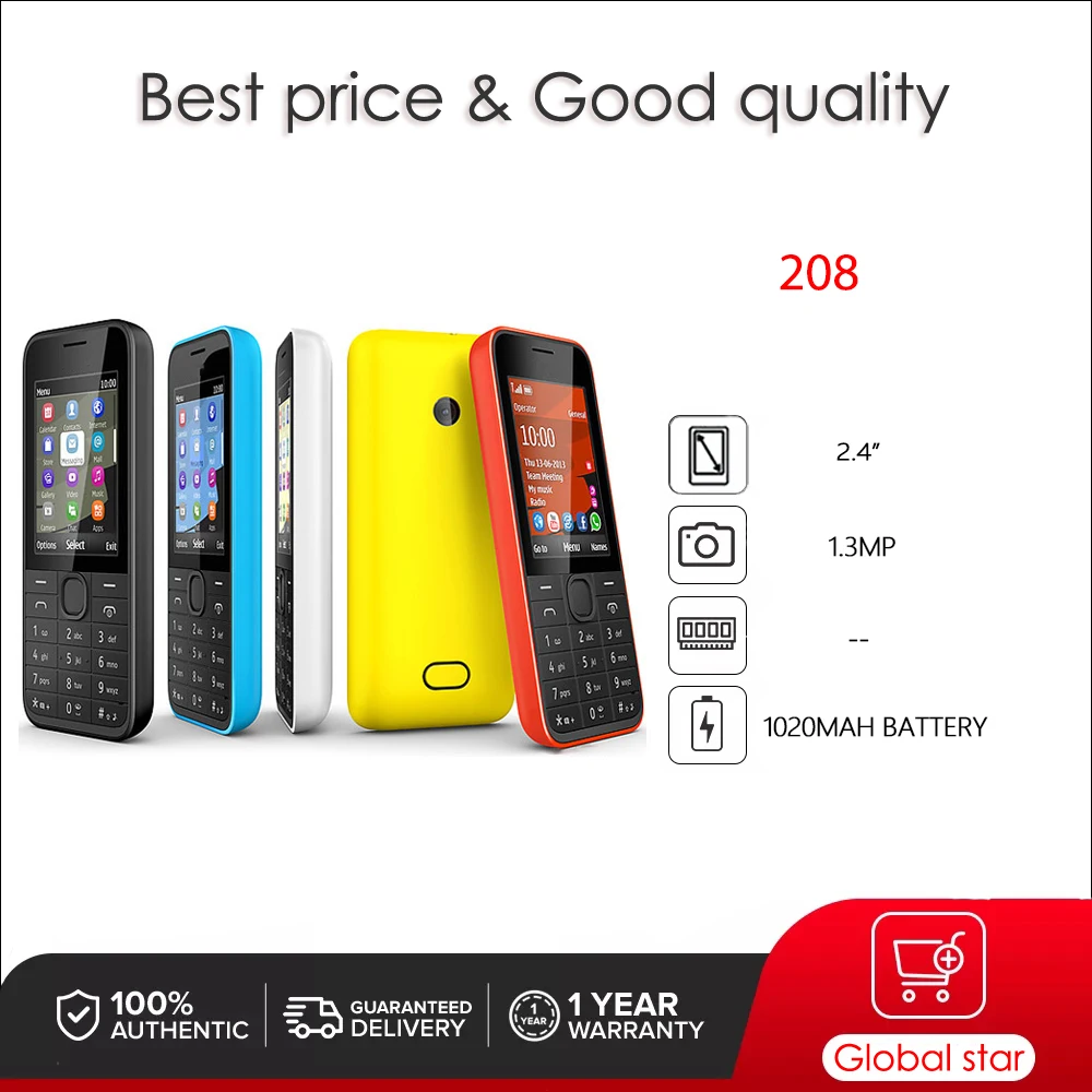 Оригинальный разблокированный сотовый телефон 208 с одной SIM-картой Bluetooth русская