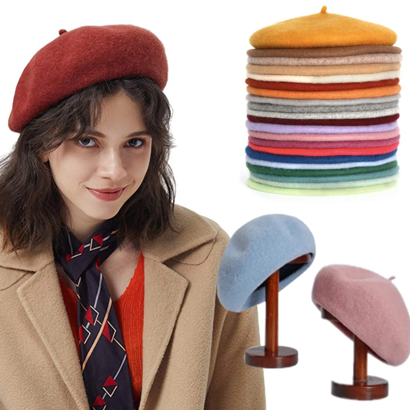 

Solid Wool Women Berets Beanie Hat Cap Vintage Fashion Warm Casual Newsboy Girl Beret 2022 Wholesale Free Shipping