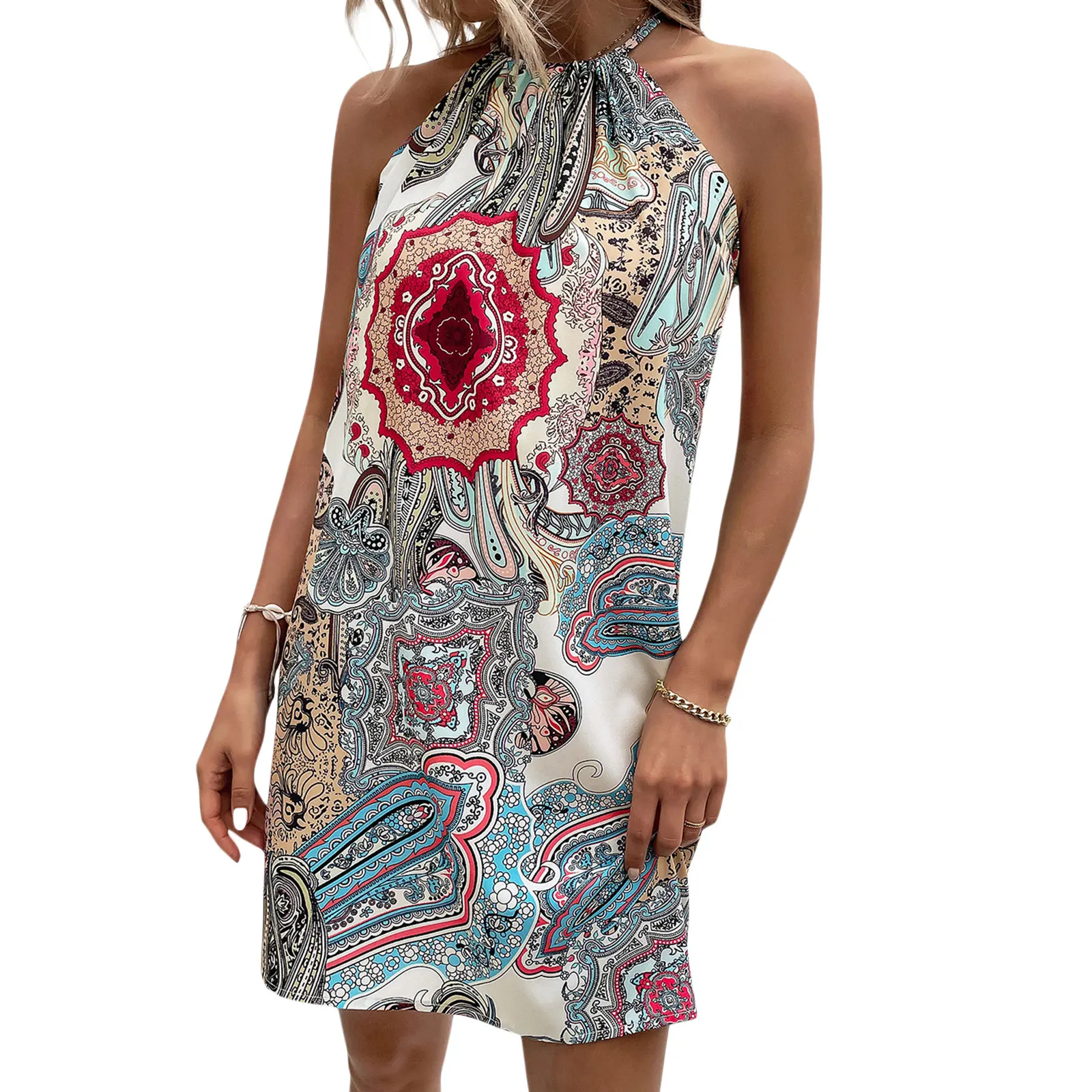

Women Summer Casual Mini Dress Vintage Ethnic Style Print Halterneck Sleeveless Dress Fashion Beach Holiday Dress