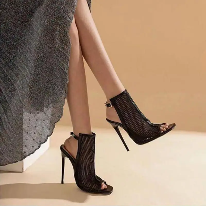 TGHDOF 2022 Fashion Basic Sandals Boots Women's High Heels High Heels Sexy Cutout Mesh Lace Up Cross Lace Up Boots Party Shoes