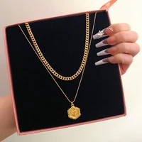kisswife golden metal necklace for women men heart hexagon pendant thick chain bead multi layer punk necklace fashion jewelry