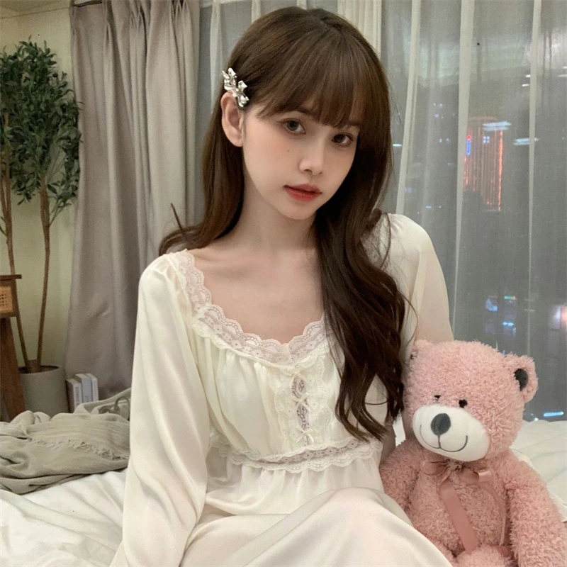 Весенняя тонкая Пижама дворцового стиля миди Однотонная ночная рубашка с