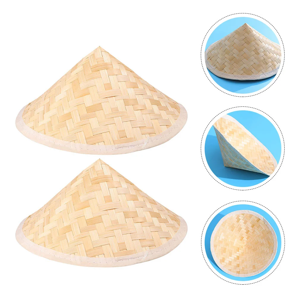 

2 Pcs Kids' Costume Hats Oriental Summer Bamboo Straw Rice Fishing Toy Traditional Chinese