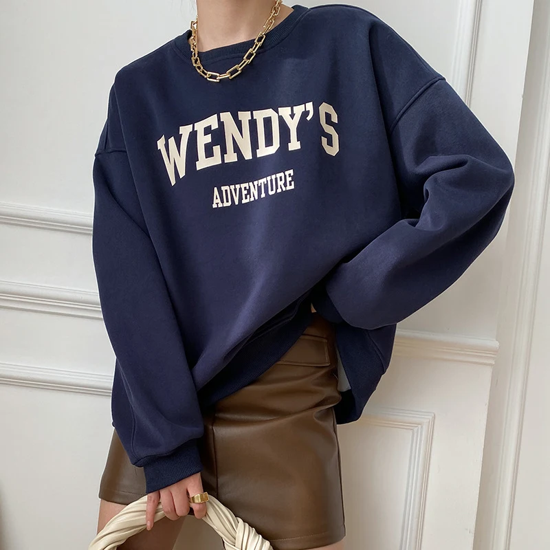 

Женский свитшот с длинным рукавом, винтажный синий Свитшот оверсайз в американском ретро-стиле с буквенным принтом и круглым вырезом, Повседневная Уличная одежда в Корейском стиле, зима 2023