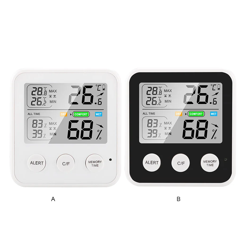 

Digital Max Min Temperature Humidity Meter Living Room Plastic Thermometer with Back Stand Battery Powered Alarm TS-9909-W