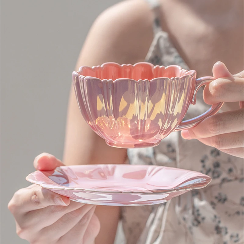 

Креативная кофейная чашка в виде ракушки и блюдце, роскошная керамическая кружка, белая, розовая, синяя, лепесток цветов, кофейные чашки, пра...