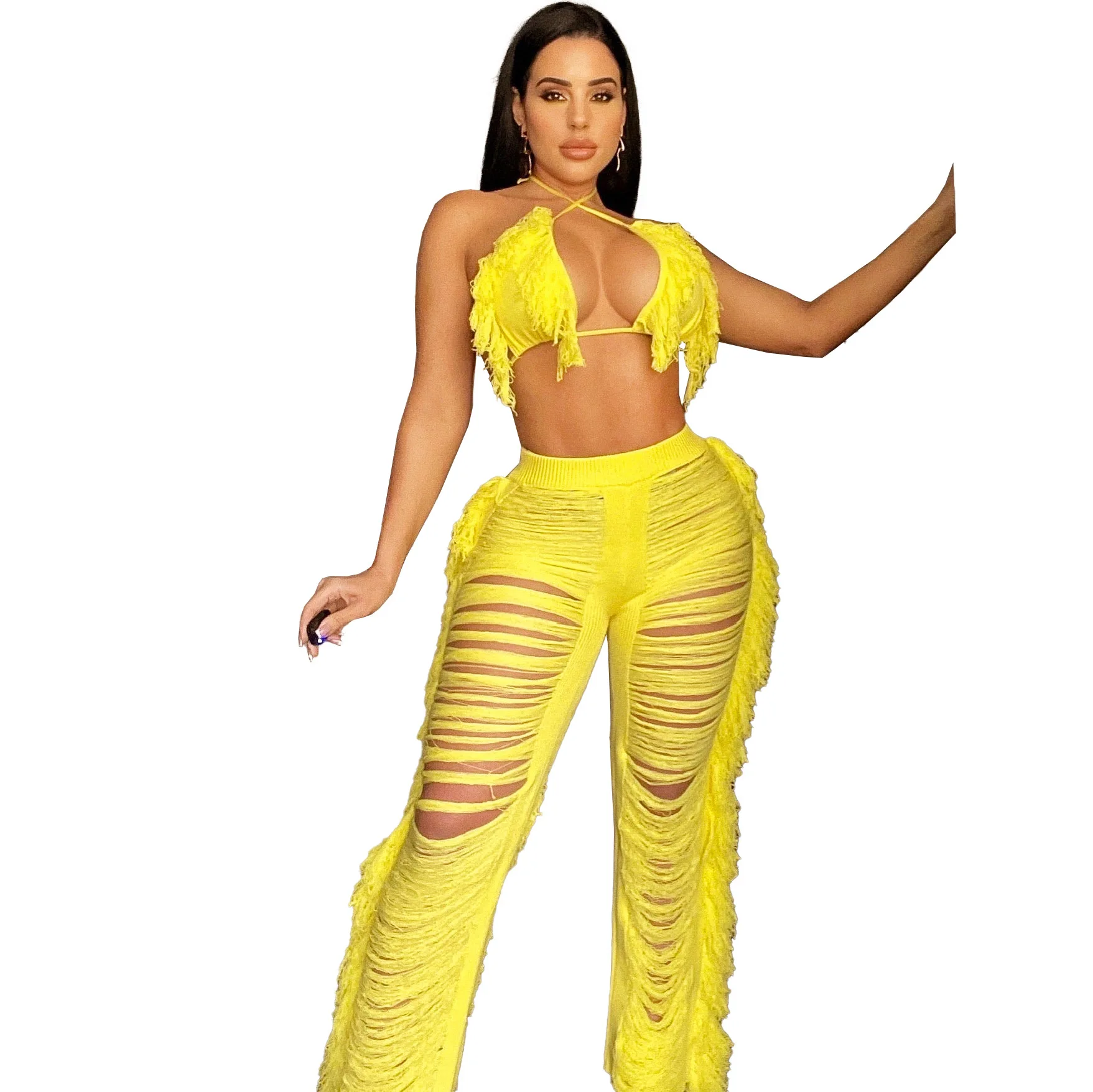 

Hand Frayed Tassels Two Piece Set Hollow Out Knitted Outfits For Women Backless Halter Crop Top And Pants Sweat Suit Sexy Cut