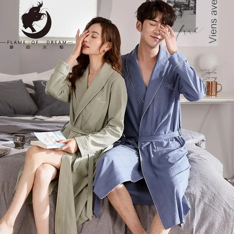 Flame Of Dream Spring And Autumn Couple's Nightwear Men's  Bathrobe Cotton Large Size Morning Gown Hotel Bathrobe 221631