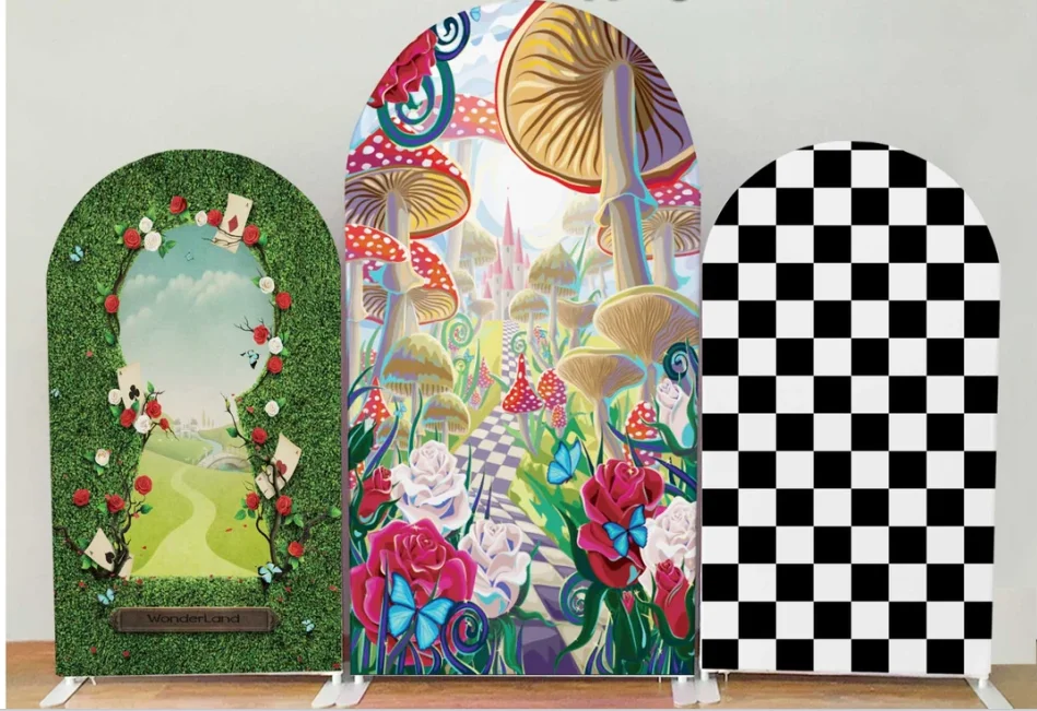 

Alice In Wonderland Arch Backdrop Double-side Cover Tea Party Baby Girl Birthday Balloons Arch Stand Frame Party Chiara Wall