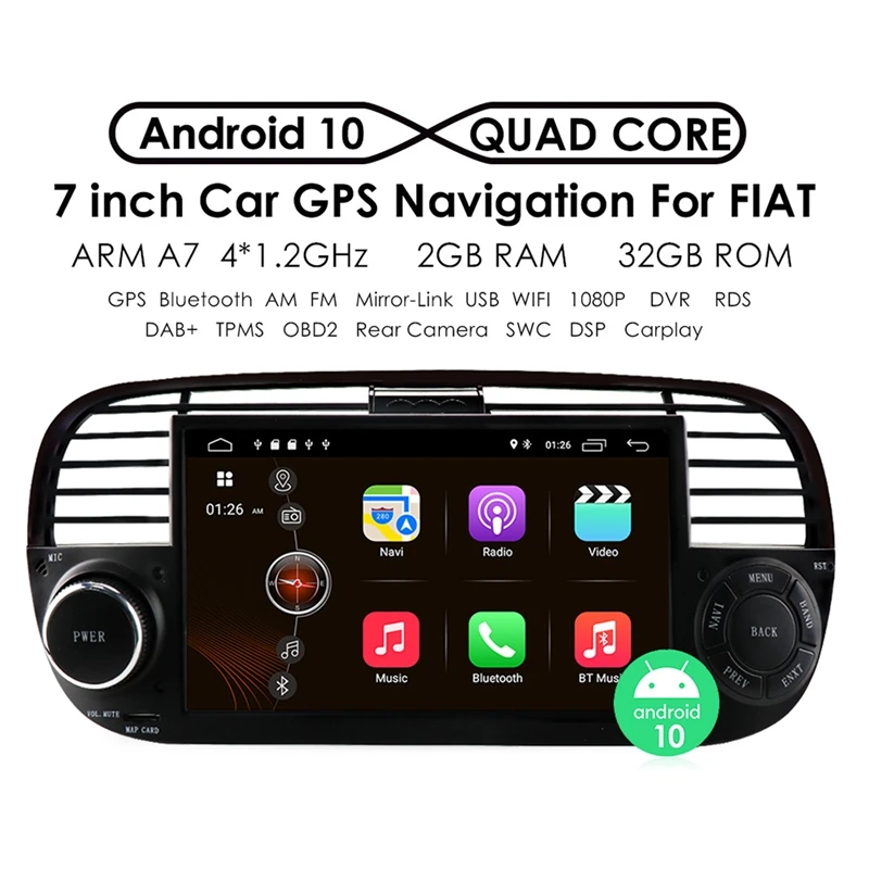 

Для FIAT 500 2007-2014 Android 10 четырехъядерный автомобильный Dvd медиаплеер радио GPS WIFI Bluetooth управление рулевым колесом черный