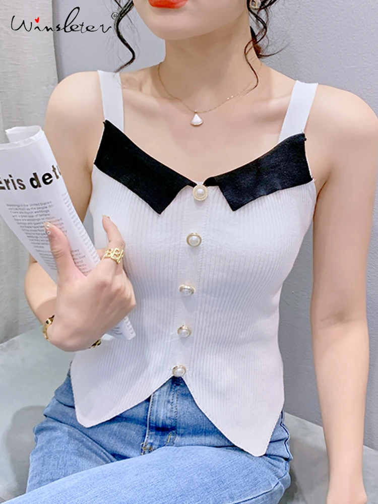 

Summer Women Knit Tank Tops European Clothes Sexy Patchwork Button Slim Slit Sleeveless Vest Tops Tshirt Camisole T33020X