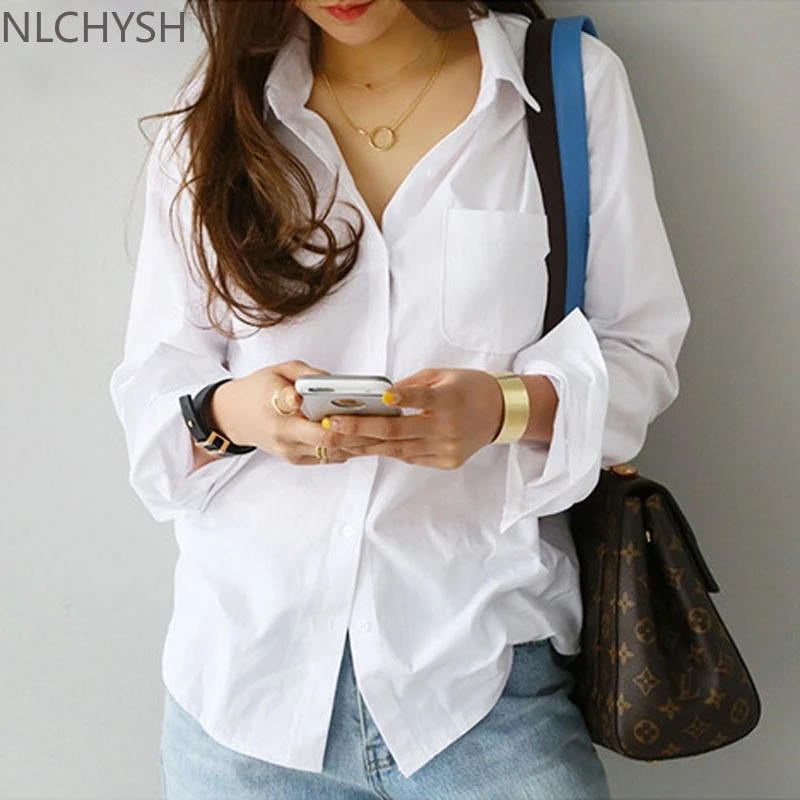 

New Long Sleeve Ladies Tops Blouses Plus Size Button Casual Cotton White Shirt Women Turn-down Collar Loose Blouse Women