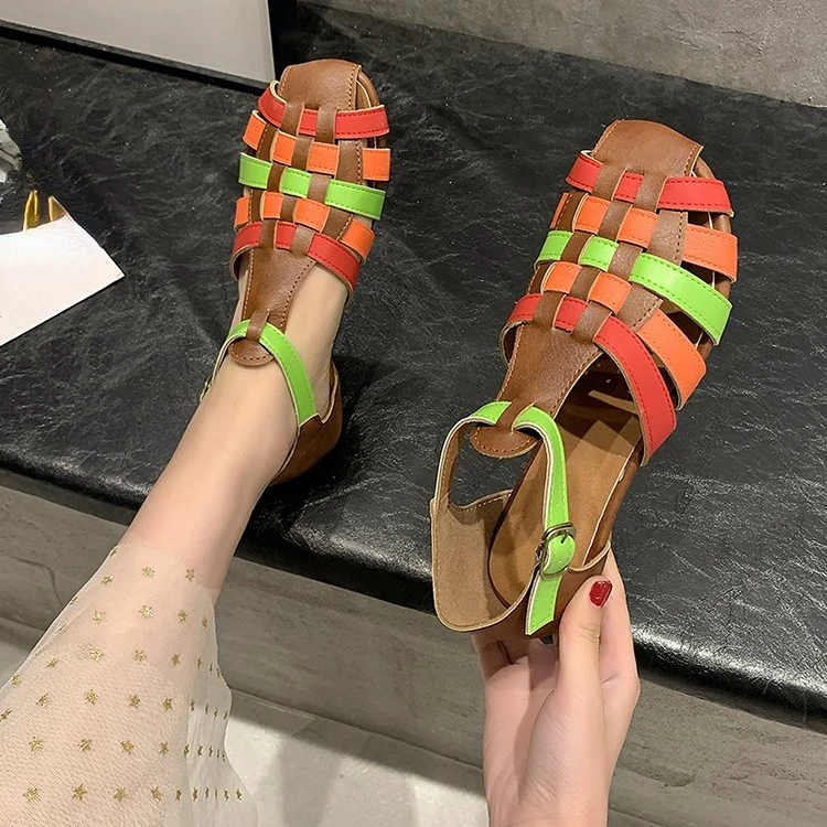 

2022 New Fashion Women Sandals Summer Shoes Retro Flat Sandals Casual Colorblock Ladies Flat Toe Bag Heel Retro Sandals