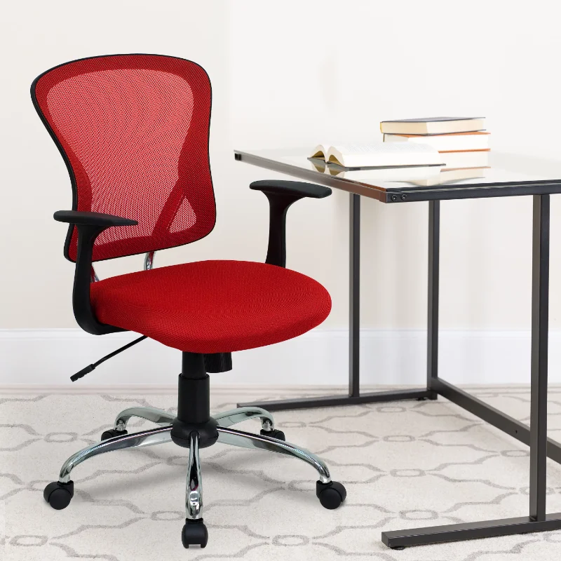 

LISM Mid-Back Red Mesh Swivel Task Office Chair with Chrome Base and Arms