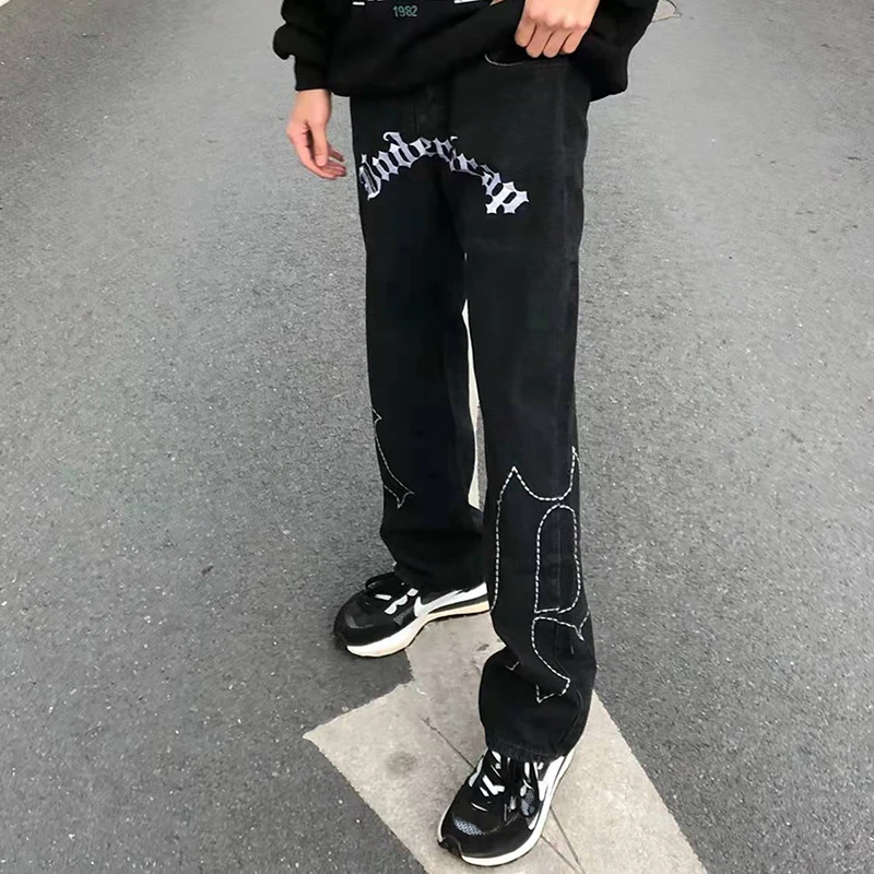 Y2K Mens/Women Black Streetwear Harajuku Ripped Low Rise Skinny Fairy Grunge Jeans Pants Alt Straight Denim Trousers Clothes