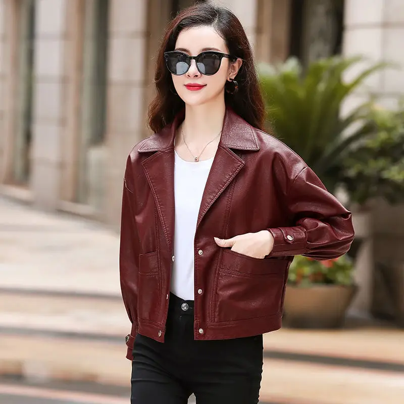 New Women Spring Autumn Faux Leather Button Up Basic Short Coat Turn-Down Collar Motor Biker Jacket Outerwear Coats L25