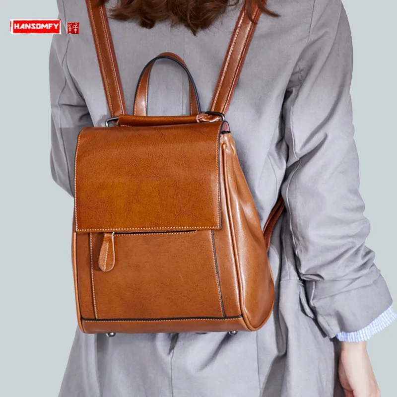 2022 European And American Fashion New Style Women's Leather Backpack All-Match Oil Wax Leather Backpacks Schoolbag