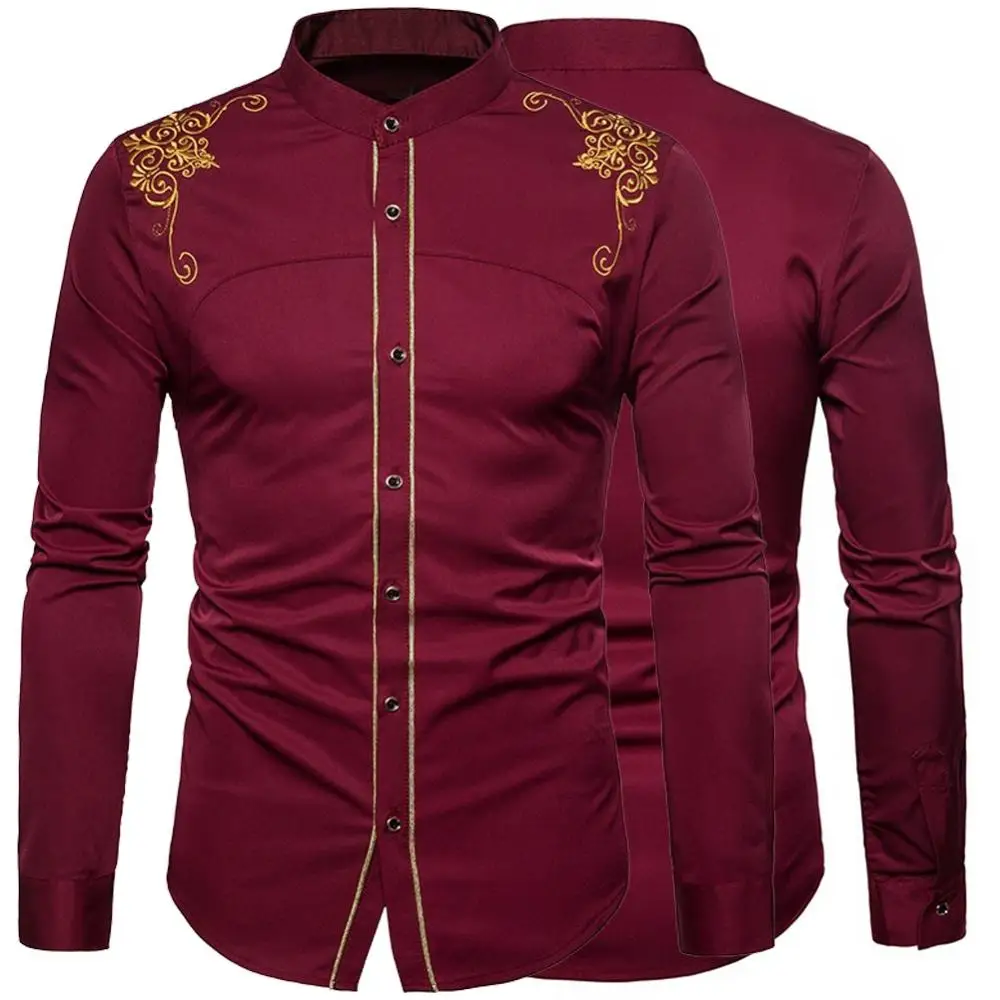 

Men Shirt Fashion Embroidery Flower Button Stand Collar Long Sleeve Shirt Blouse Top Office Male Clothing