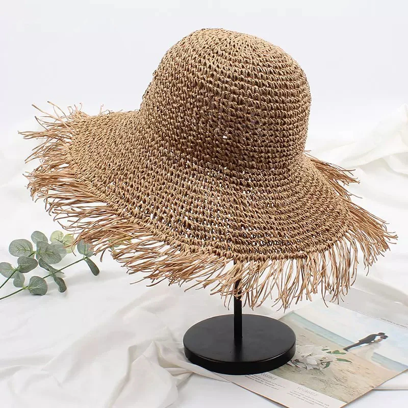 

NEW Handmade Women Straw Sun Hats Large Wide Brim Gilrs High Quality Natural Raffia Panama Beach Straw Sun Caps For Holiday