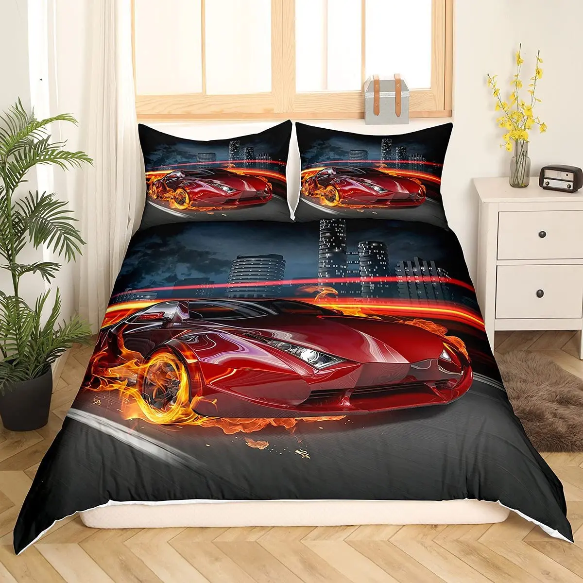 

3D Race Car Duvet Cover Single/Double/Queen Size Comforter Cover for Teen Boy Adult Skin-Friendly Bedding Set with PillowCases