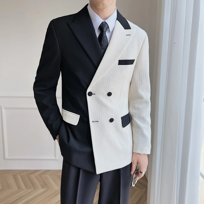 British Style Men Blazers Double-breasted Contrast Color Casual Suit Jacket Business Dress Coat Banquet Tuxedo Costume Homme