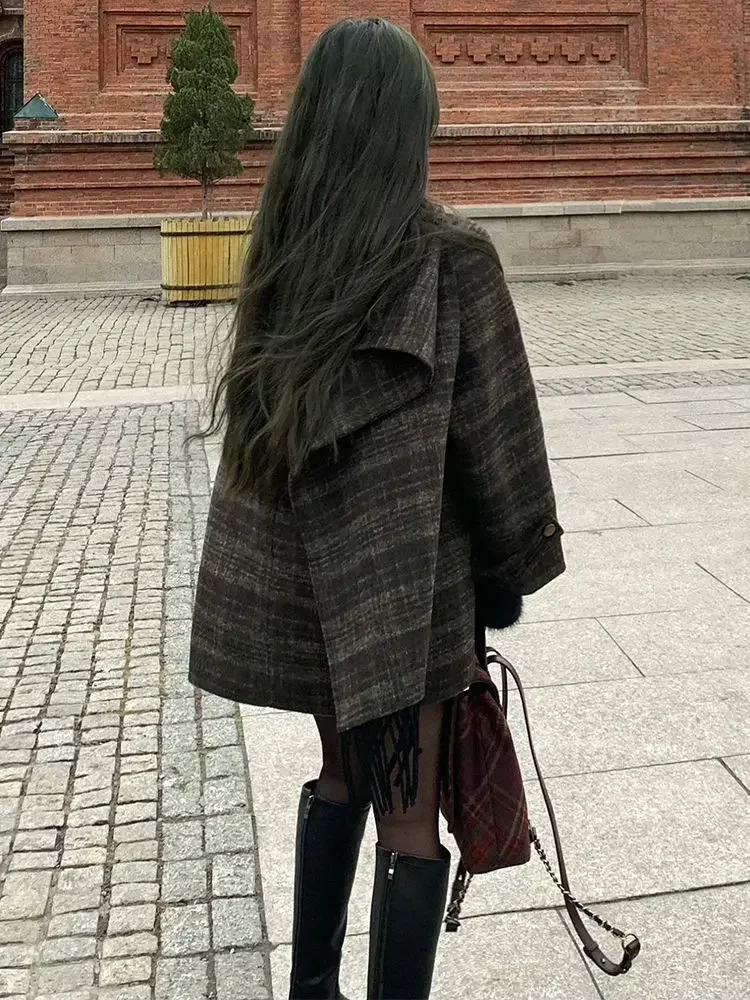Фото Осень/зима, новый ретро клетчатый плащ, шаль, шерстяное пальто, женская зимняя одежда, шикарная свободная шерстяная верхняя одежда в корейском стиле, женский топ №4