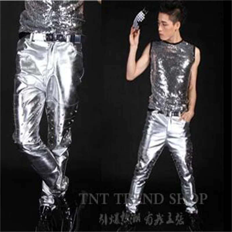 Silver rivet leather pants mens bar male and female singers stage performance fashion costumes European and American style