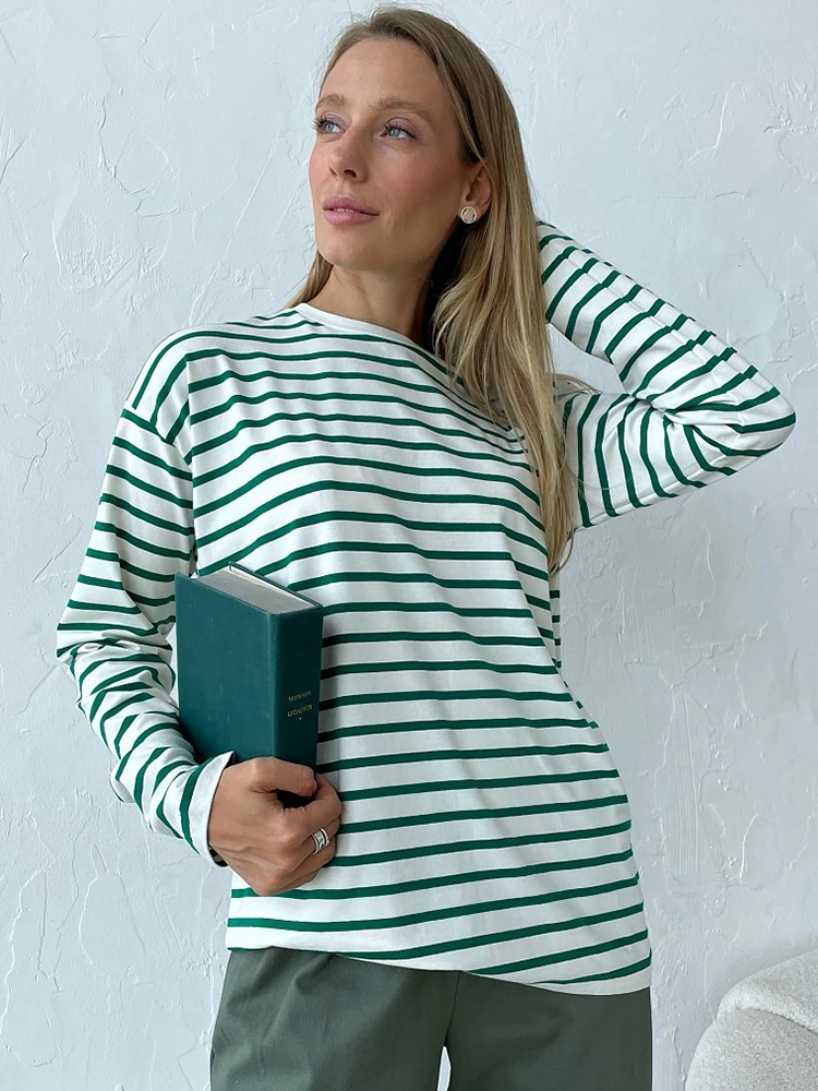 

Autumn New In Women's Pullover Long Sleeved Stripe Casual Versatile Round Neck Temperament Warm Commuting Fashion Tops Women