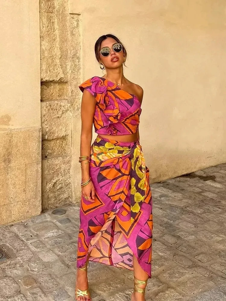 

Летний новый женский комплект с топом на одно плечо и асимметричной юбкой на молнии